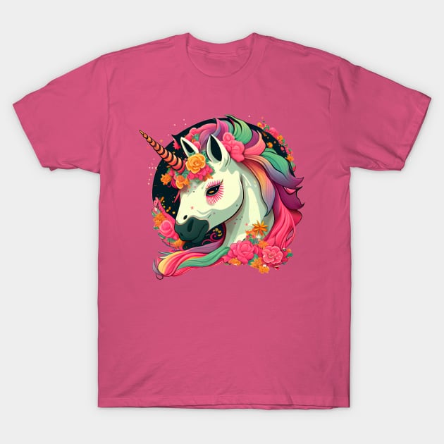 Whimsical Charm: A Cool and Colorful Fantasy Comic-Style Unicorn Emblem T-Shirt by MLArtifex